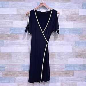 ADRIENNE VITTADINI Tipped Tie Wrap Dress Black White Jersey Career Womens Small